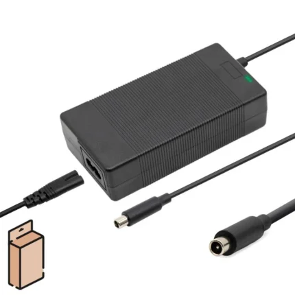Black AC power adapter with 8mm connector and cables for electronic devices.